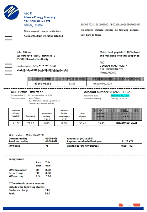 Kazakhstan Alliance Energy Company (AEC) utility bill scr